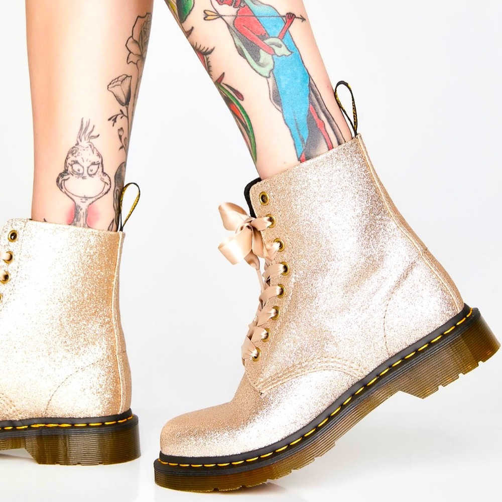 NEW! Dr Martens 1460 Pascal Chunky Gold Glitter Boots with Satin Ribbon Lace